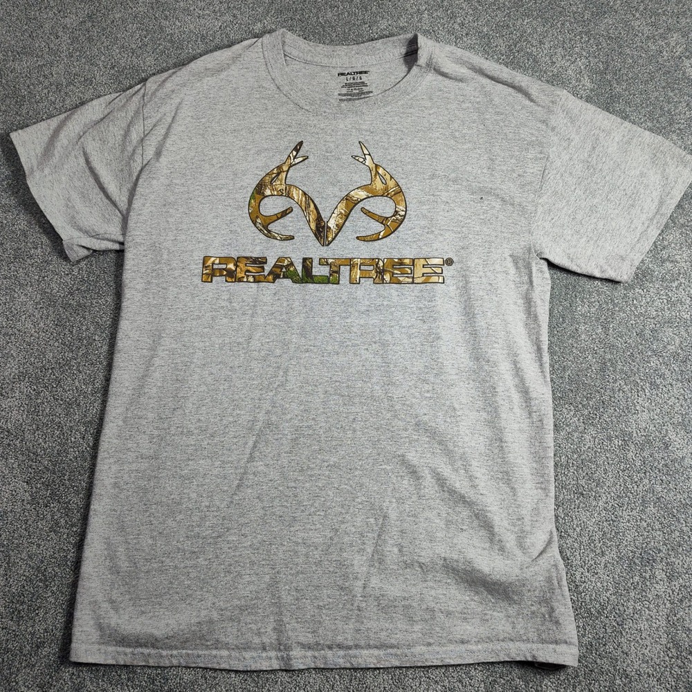 Realtree T-Shirt Men's L Gray Camo Logo Deer Hunting‎ Outdoors Cotton Blend